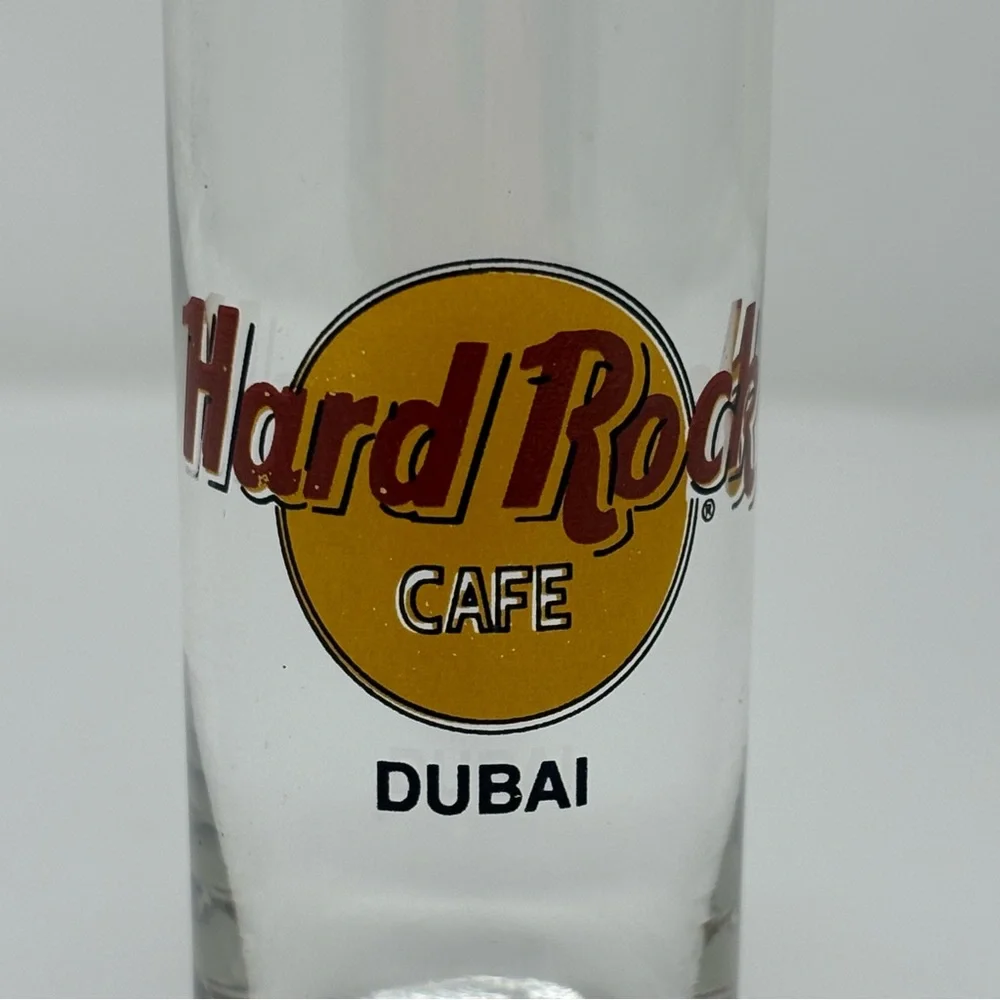 Hard Rock Cafe Dubai HRC Clear Shot Glass with Red and Yellow Logo 4” Tall